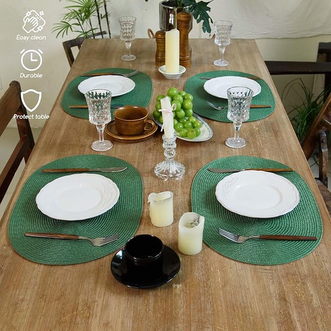 FunWheat Oval Braided Placemats Set of 6 Table Mats for Dining Tables Washable Heat Resistant Place Mats for Indoor Outdoor Use 12 x18 Inch (Oval Black Green, 6pcs)