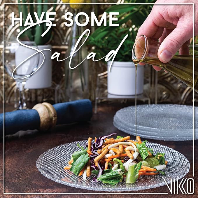 Vikko Salad Plate, Set of 6 Glass Plates, Dessert, Salad, Appetizer Plate, Elegant Textured Glass Design, Stackable 8.5 Inch Plates, Dishwasher Safe