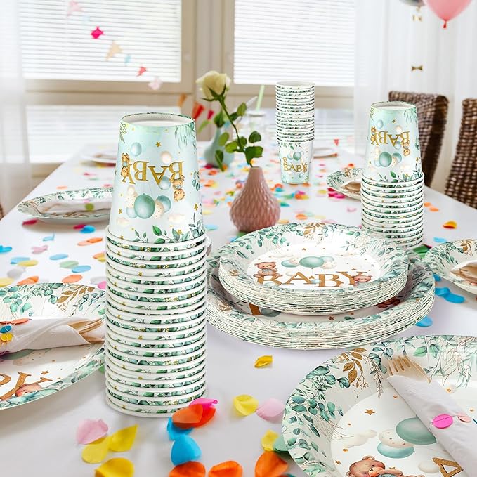 200 Pieces Party Supplies Tableware Set Patterns Printed Plates Napkins Cups Table Decorations for Baby Shower Birthday Party (Bear)