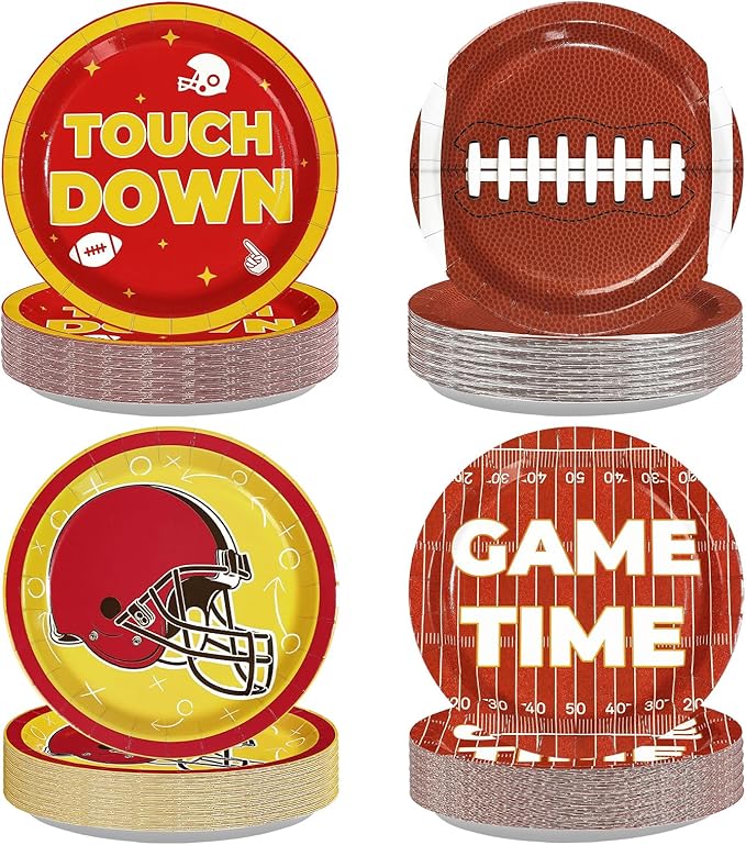Greencain 60Pcs Chiefs Football Paper Plates Red and Gold Football Paper Plates American Rugby Touchdown Disposable Tableware for Tailgate Sports Birthday Party Supplies Decorations