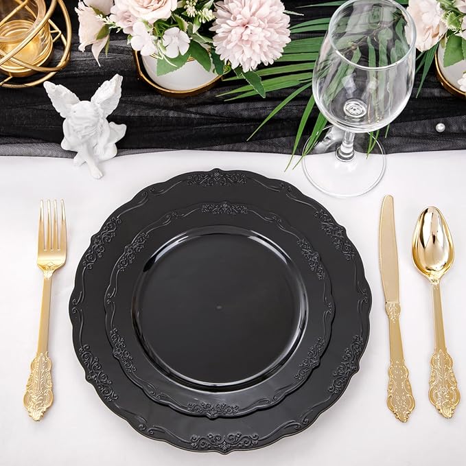 U-QE 100PCS Black Plastic Plates, Heavy Duty Black Plates Including 50PCS 10'' Dinner Plates & 50PCS 7.5'' Dessert Plate - Hard Plastic Plate for Party Wedding Bridal Shower