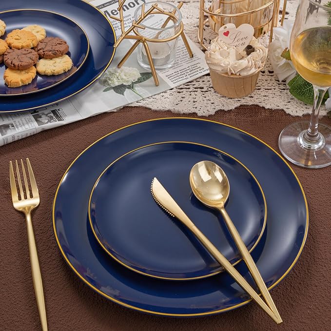 bUCLA 200PCS Blue Plastic Plates - Navy Blue Disposable with Gold Rim Include 100 Each (10 inch Dinner & 7 inch Dessert) Plates, Ideal for Party, Gathering and Hanukkah