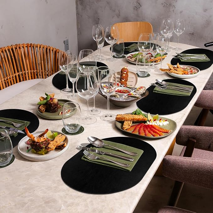ADRIMER Placemats, Heat Resistant Oval Placemats Set of 12 Washable 12 x 17 Inch, Waterproof Table Mats, Wipeable Pu Place Mats for Kitchen, Dining Room, Black