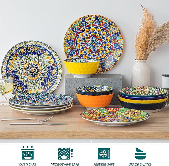 vancasso Dinner Plates Set of 6-10.5 Inch Ceramic Plates, Microwave, Oven and Dishwasher Safe, Colorful Bohemian Style Dishes for Kitchen