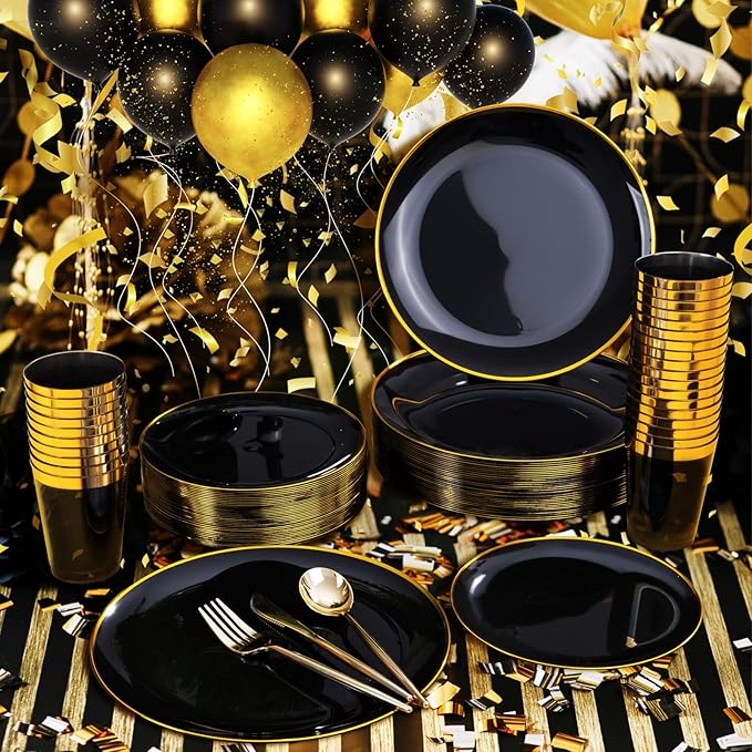 EI 180pcs Black Plastic Plates Black and Gold Disposable Plates Gold Plastic Dinnerware Set Silverware and Cups for Birthday,Wedding,Festival,Party Graduation,Spring Afternoon Tea Business Event