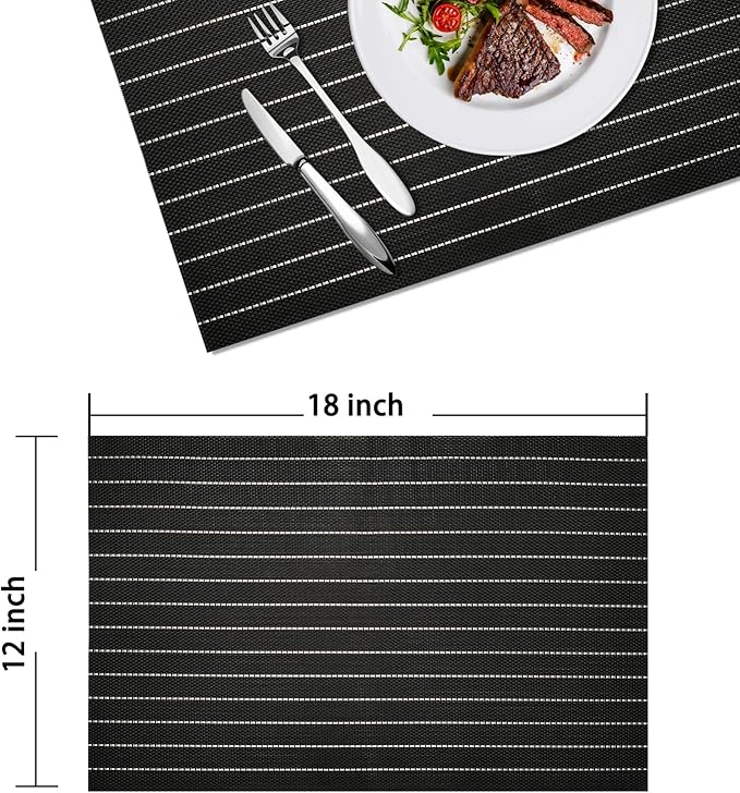 Placemats Set of 4 Vinyl Washable Black White Placemats, 18"x12" Wipeable Heat-Resistant Non-Slip Easy Clean Table Mats Ideal for Dining Table Table Runner and Outdoor (4, Black White Stripe Black)