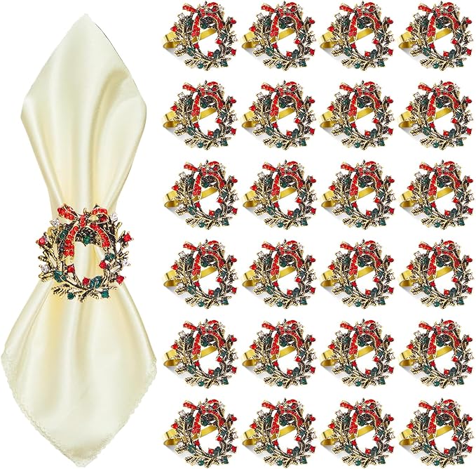 ZeeDix Christmas Wreath Napkin Rings Set of 24, Holiday Christmas Napkin Ring Holders for Cloth Napkins, Serviette Buckles for Thanksgiving Holiday Dinner Party Table Setting