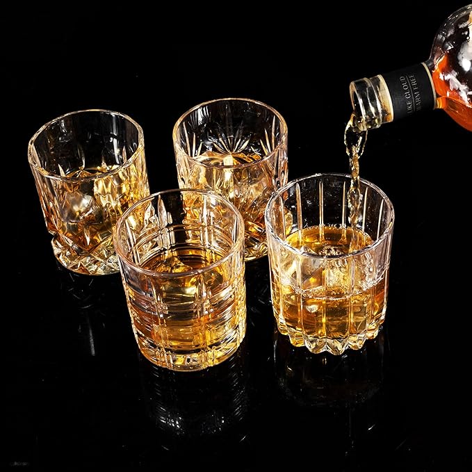 KANARS Whiskey Glasses Set of 4 - Multi Style Crystal Liquor Glasses 10 oz - Rocks Glass Barware For Scotch, Bourbon, Rum and Cocktail, Whisky Gifts for Men Dad Brother Adult