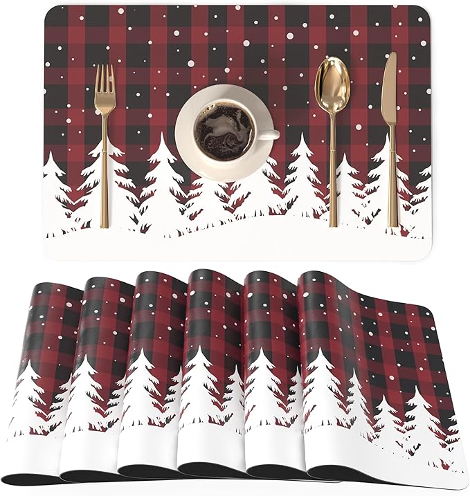 QIYI Christmas Placemats Set of 6, 12x18 Inch Faux Leather Place Mats for Kitchen Dinning, Heat Resistant Anti Slip Winter Table Mats, Waterproof Wipeable Placemat Party Table Décor, Red Buffalo Plaid