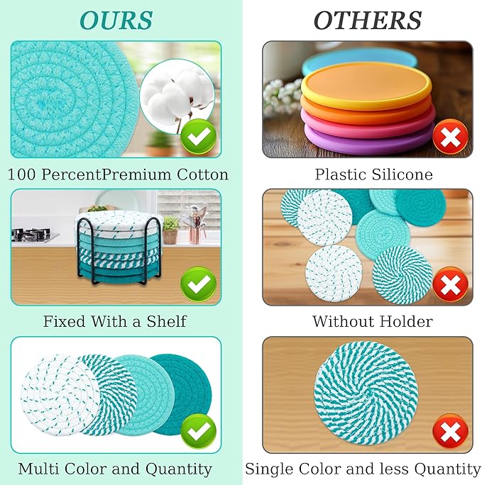 8 Pcs Drink Coasters with Holder, Minimalist Cotton Woven Coaster Set, 4 Colors Absorbent Coaster Protection Protection for Various Cups, Ideal for Coffee Tables and Home Decor Tabletop, 4.3 Inches
