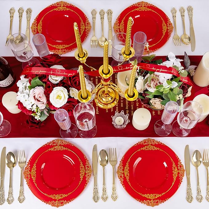 102PCS Red and Gold Plastic Plates - Red Plates Disposable - Vintage Plastic Plate with Gold Rim Include 51PCS Dessert & 51PCS Dinner Plate Perfect for Weddings & Party & Valentine's Day