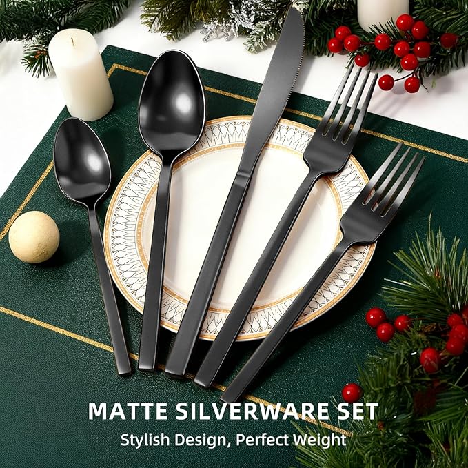 20pcs Matte Black Silverware Set, Cuboid Flatware Set Service for 4, Stainless Steel Cutlery Set, Dishwasher Safe