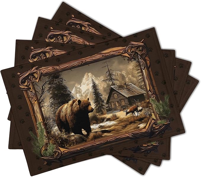 Bear Placemats Set of 4 - Rustic Lodge Place Mats 12x18 Vintage Cabin Table Mats Farmhouse Kitchen Mats for Party Dining Table