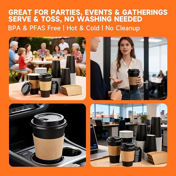 50 Pack 16 oz Disposable Coffee Cups with Lids and Sleeves, Sturdy Paper Cups for Hot/Cold Drinks, Leak-Proof To Go Coffee Cups with Lids for Home, Café, Events, Office, Black