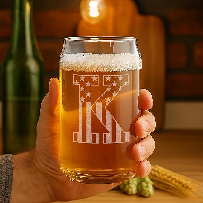 Monogram Beer Glasses for Men (A-Z) 16 oz - Beer Gifts for Men Brother Son Dad Neighbor - Unique Gifts for Him - Personalized Drinking Gift Beer Glass Mugs - Engraved Beer Can Glass (K)