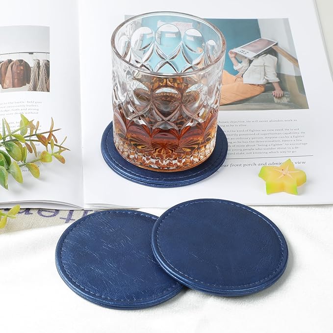 6 Pcs Premium Leather Coasters with Holder, Tabletop Protection, Coffee Table & Bar Decoration, Modern-Style Drink Coasters Suitable for Home Dining Tables & Kitchen Accessories (Blue)