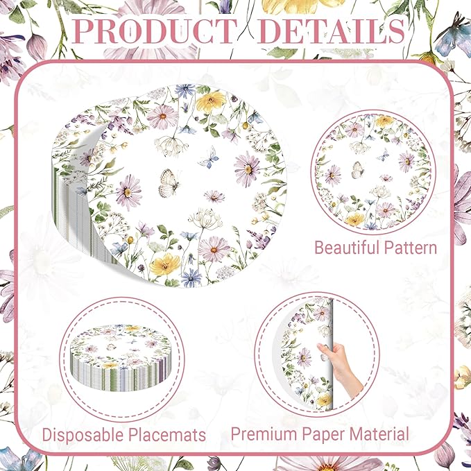 50PCS Watercolor Floral Paper Placemats - Disposable Table Mats for Wedding/Brunch/Party Decor, Elegant Flower Wreath Design, Oil-Resistant & Eco-Friendly Table Setting Supplies