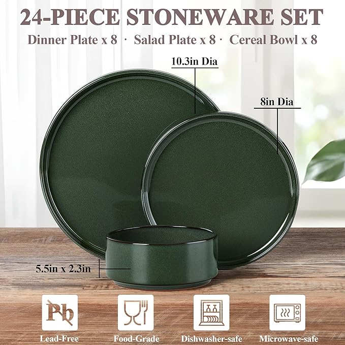 Herogo Plates and Bowls Dinnerware Sets for 8, 24 Pieces Ceramic Stoneware Dinner Dishes Set, Rustic Terracotta Bottom, Dishwasher & Microwave Safe, Dark Green