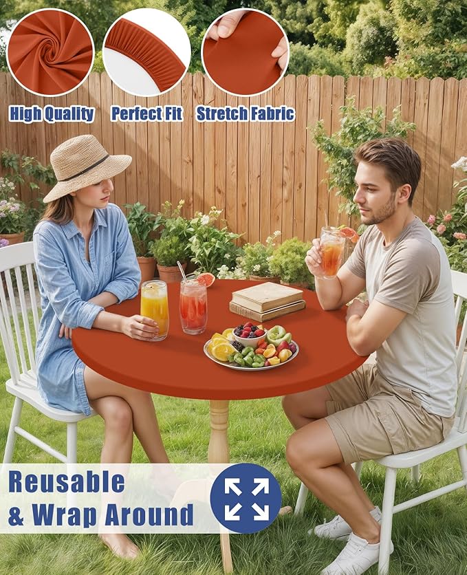 Round Spandex Tablecloth, Elastic Fitted Waterproof Tablecloths for 18"-24" Tables, Stretch Washable Picnic Table Cover for Camping, Dining, Indoor and Outdoor, Rust
