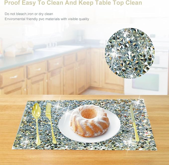 Silver Diamond Rhinestone Encrusted Square Placemats - Set of 2