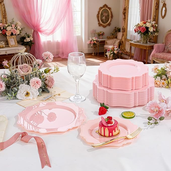 COLOSUS 60pcs Pink Plastic Dessert Plates - 7.5 Inch- Heavy Duty Disposable Plastic Appetizer/Salad/Cake Plates for Party Wedding and Everyday Use,Valentine's Day