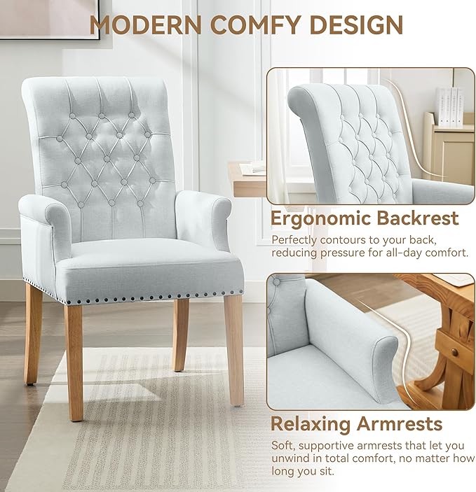 Fabric Dining Chair with Arms, Upholstered Tufted High Back Dining Room Chairs, Accent Armchair with Solid Wood Leg and Nailhead Trim, Kitchen Dining Living Room, Sky Blue
