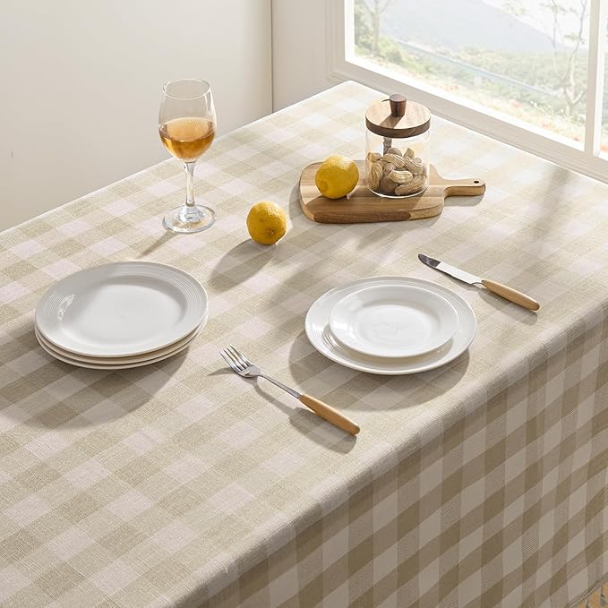 Softalker Checkered Tablecloth Rectangle, Outdoor Linen Cotton Gingham Table Cloth with Tassel, Heavy Duty Wrinkle Free Buffalo Plaid Table Cover for Kitchen Dining Home Party - 55 x 102 Inch, Beige
