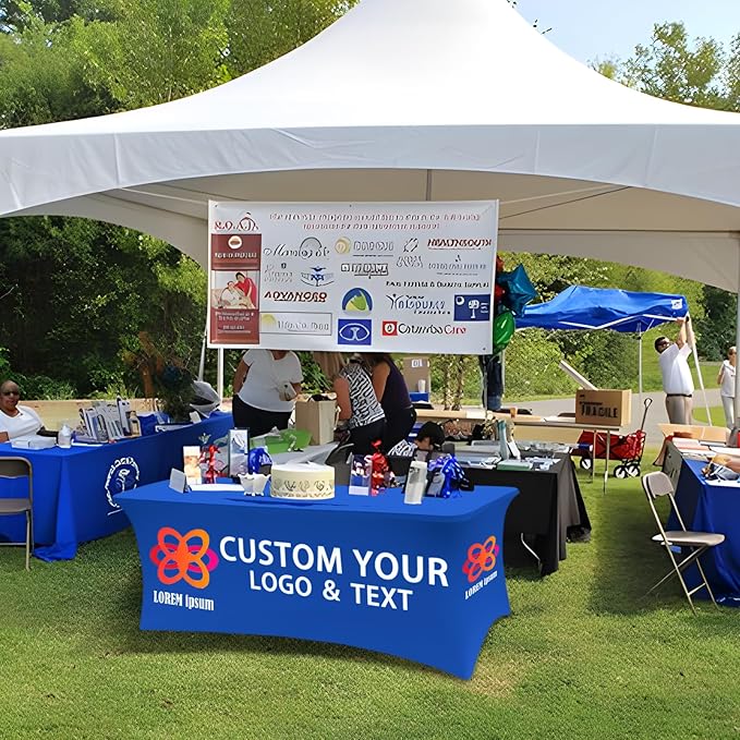 Personalized Table Cloth with Logo Image Customized Tablecloth 4FT/5FT/6FT/8FT Spandex Customized Table Cover Promotional Business Tradeshow Events Birthday Party Wedding (6FT Spandex(Open back))