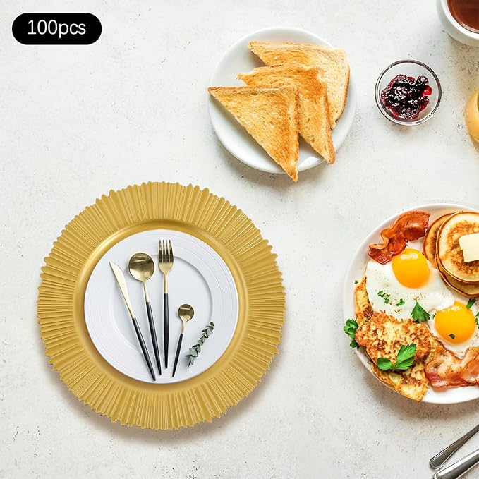 Charger Plates, 100pcs Floral Gold 13inch Plastic Dinner Plate, Round Plastic Dinner Plate with Delicate Texture for Parties Wedding (Floral Gold)