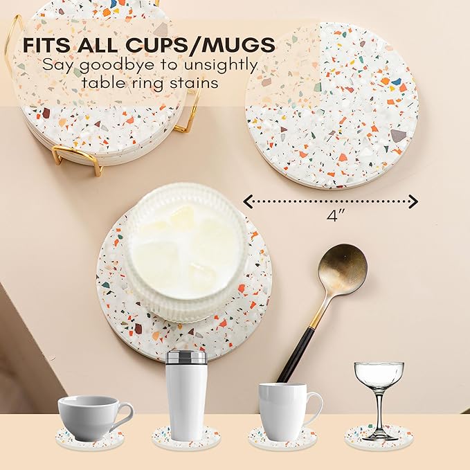 Terrazzo Drink Absorbent Coasters with Holder Set of 6, Ceramic Coaster for Drinks, Coffee Table Decor, Water Absorbing Stone Coaster for Drinks (Marble)