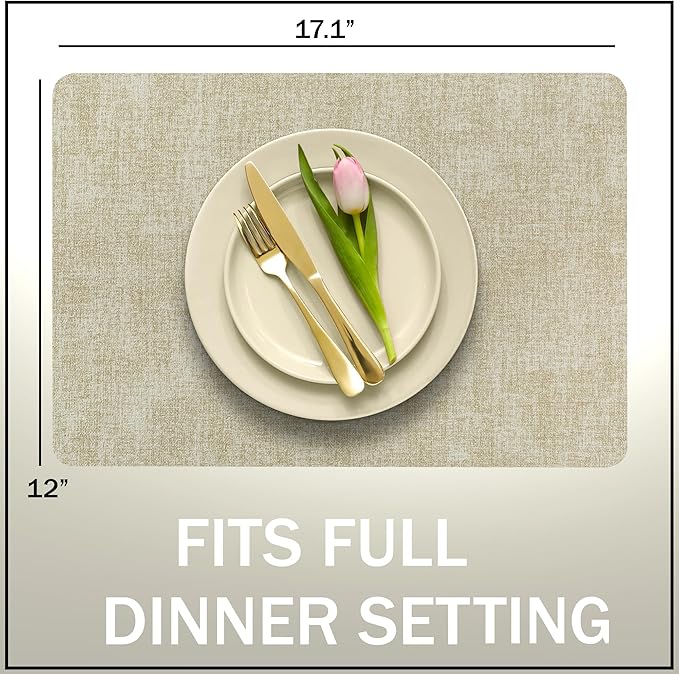 More Décor Faux Leather Placemats Set of 4 for Dining Table – Waterproof, Wipeable, Washable, Stain & Heat Resistant, Non-Slip Table Mats – 12 X 17 Inch, Beige