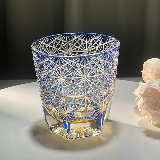 suigetsu Edo style Color Hand Cut Crystal Glass Tumbler Whisky Gass 11 Oz Glassware with Luxury Gift Box,Cocktail-Vodka-Beer Drinkingware Glasses In Gift Carton (Blue Daisy)