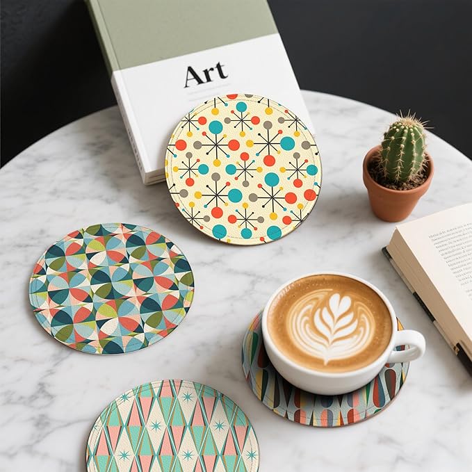 Middle Ages Coasters Leather Round Drink Coasters 6 Pcs Set with Holderor for Cup Drink Coffee Table Bar Home Decor