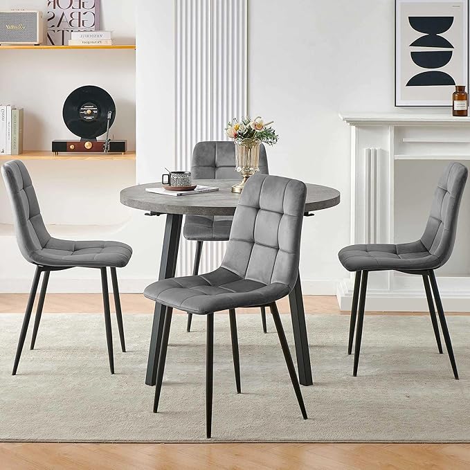 Modern 4-Person Round Dining Table Set, Space-Saving for Kitchen, Living Room, Apartment, Includes Dining Table & 4 Grey Chairs,Small Dining Room Set for 4