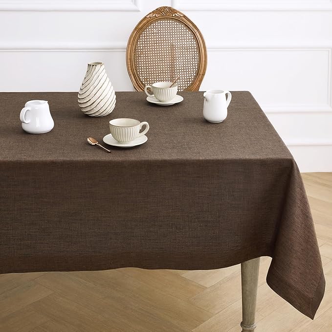 Solino Home Linen Tablecloth 60 x 108 Inch - 100% Pure Linen Chambray Brown Table Cloth for Rectangle Tables - Athena, Machine Washable Tablecloth