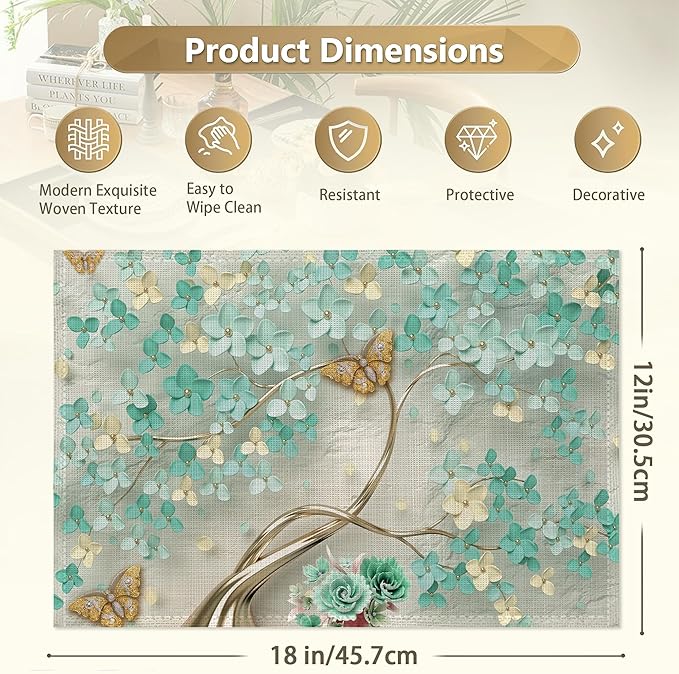 Golden Butterfly and Green Flowers Place Mats Set of 6, Table Mats,Heat Insulation Non Slip Washable Dining Placemats for Wedding Holiday Party Kitchen Decor 12X18 in