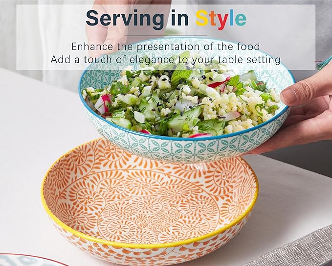 ONEMORE Colorful Pasta Bowls Set of 6, 36oz - Oven/Microwave/Dishwasher Safe Ceramic Wide Bowl for Dinner - Stackable, Scratch Resistant - Assorted Colors