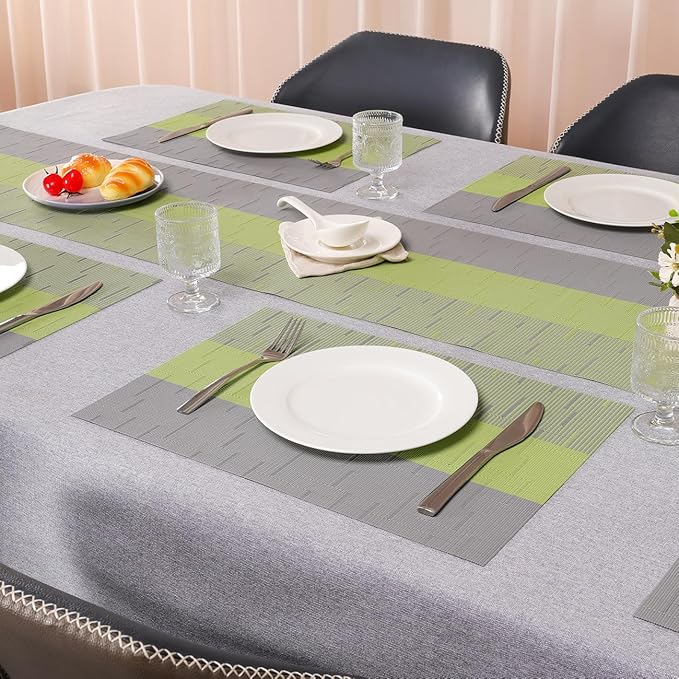 Placemats Set of 4, Vinyl Woven Place Mats Indoor Set of 4 Washable Wipeable PVC Table Mats Heat-Resistant Non Slip Placemat for Kitchen Dining Outdoor Table (Gray Grass Green, Set of 4)