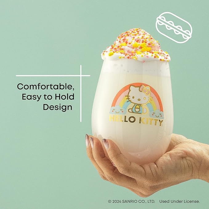 JoyJolt Hello Kitty Sweet Rainbow Stemless Drinking Glasses Set of 4, 19oz Glass Cups, Kawaii Kitchen Glassware Sets, Sanrio Hello Kitty Merch, Teardrop Tumblers for Water, Juice, Coffee, Iced Tea