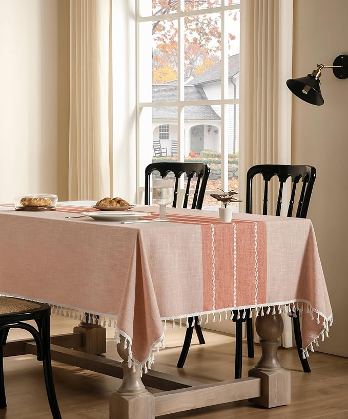 ZeeMart Contrast Linen Table Cloth Rectangle Table Cloths 60x120 Inch Orange, Farmhouse Style Heavy Weight Burnt Orange Fall Tablecloth, Water Resistant Burlap Tablecloths