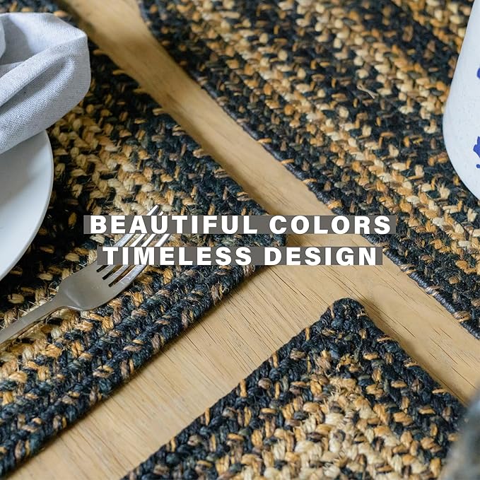Homespice Kilimanjaro Jute Braided Placemats, Warm Primitive Decor, Set of 4, Black and Tan 13x19 Oval Table Mats - Vibrant Colors, Durable, Easy to Clean and Protects Furniture