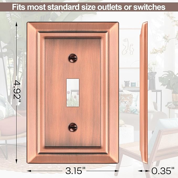 Antique Copper Light Switch Cover Plate Decorative Metal Switch Plates Outlet Cover, 1-Gang Wall Plate for Electrical Outlets (Single Toggle, 6 Pack)