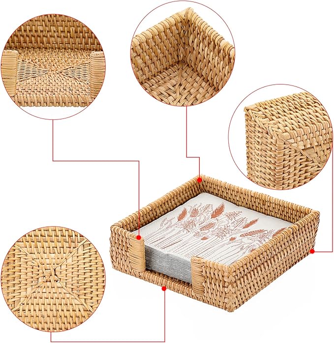 Sumnacon Napkin Holder,Wicker Napkin Holder Table,Rattan Napkin Basket,Square Napkin Tray,Flat Napkin Holders for Kitchen Dinning Table Desk Counter Restaurant Party Bar,Honey Brown