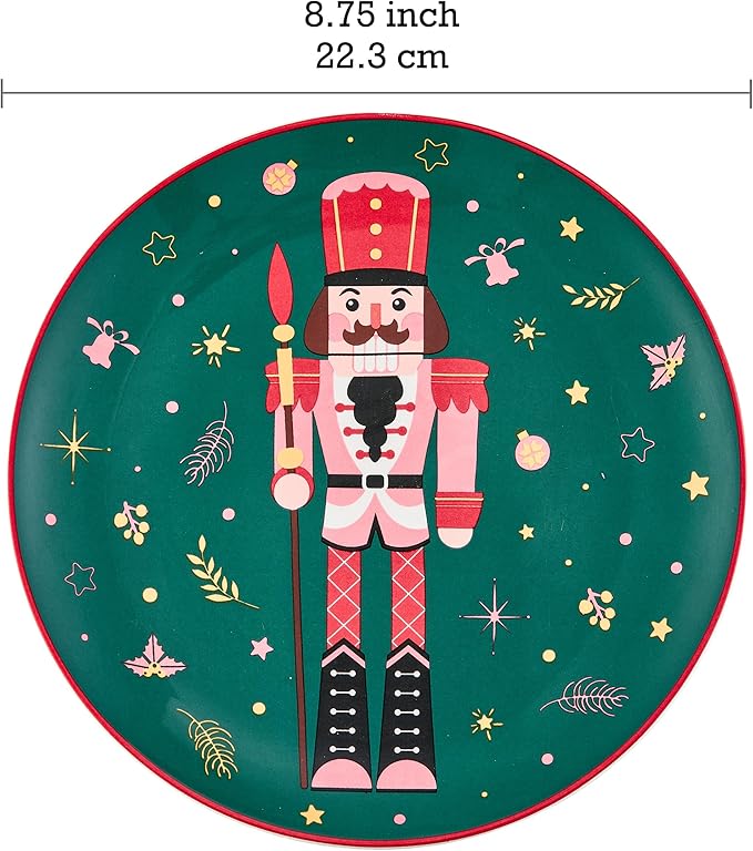 Bico Christmas Soldier Salad Plates Set of 4, 8.75 Inch Ceramic Dessert Plates for Salad, Appetizer, Side Dishes, Microwave and Dishwasher Safe, Gift for Housewarming and Christmas
