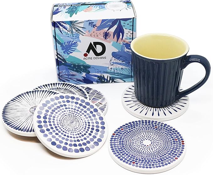 AD Set of 6 Coasters for Drinks Absorbing Round Ceramic Stone Coaster with Cork Base,Tabletop Protection Mat for Mugs and Cups,Office,Kitchen (Bloom Abstract)