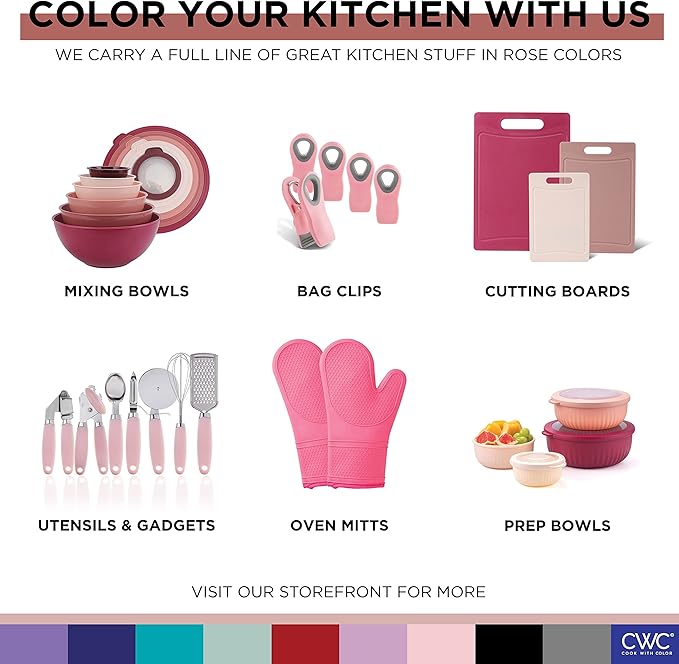 COOK WITH COLOR Nesting Plastic Mixing Bowl Set with Pour Spouts and Handles, Rose, 4 Piece Non-Slip