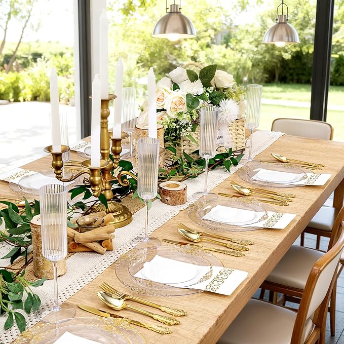 102PCS Clear Gold Plastic Plates - Clear Disposable Plates with Gold Rim - Clear Party Plate Include 51PCS Dessert Plates, 51PCS Dinner Plate for Weddings & Parties