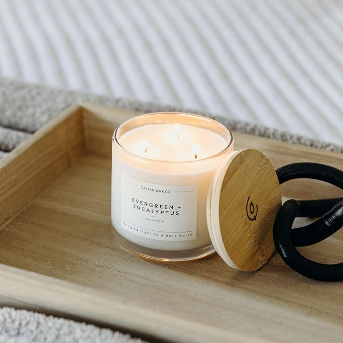 Calyan Wax Co. Evergreen & Eucalyptus 3 Wick Scented Candle - 43 Hour Burn - Luxury 3 Wick Soy Candles - Non Toxic Soy Wax Candles - Long Lasting Large Glass Jar Candle for Home - 14.9oz