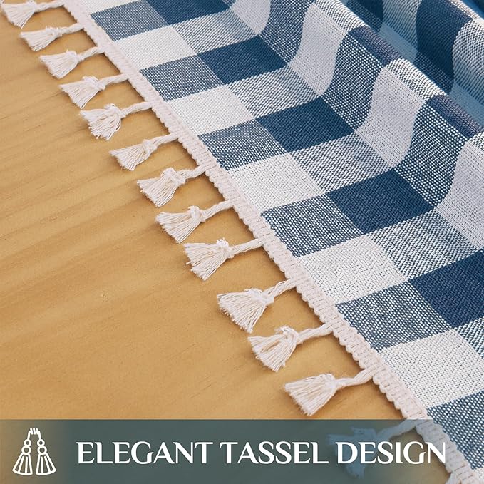 Softalker Checkered Tablecloth Rectangle, Outdoor Linen Cotton Gingham Table Cloth with Tassel, Heavy Duty Wrinkle Free Buffalo Plaid Table Cover for Kitchen Dining Home Party - 55 x 84 Inch, Navy
