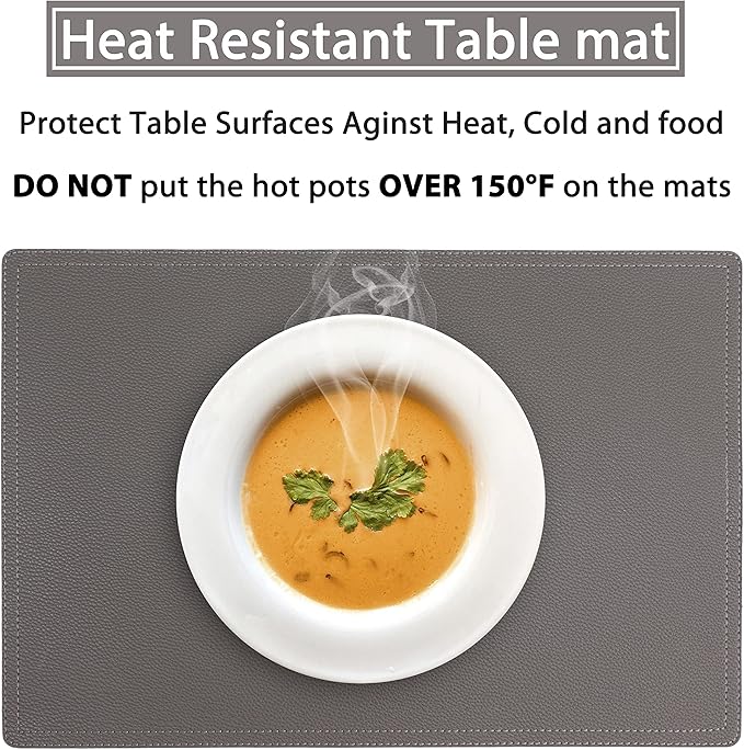 Set of 8 Faux Leather Placemats, PU Table Mats, Waterproof, Stain Resistant, Heat Resistant, Non-Slip Easy to Clean for Kitchen Dining Table,Conference Table C Grey Rectangle